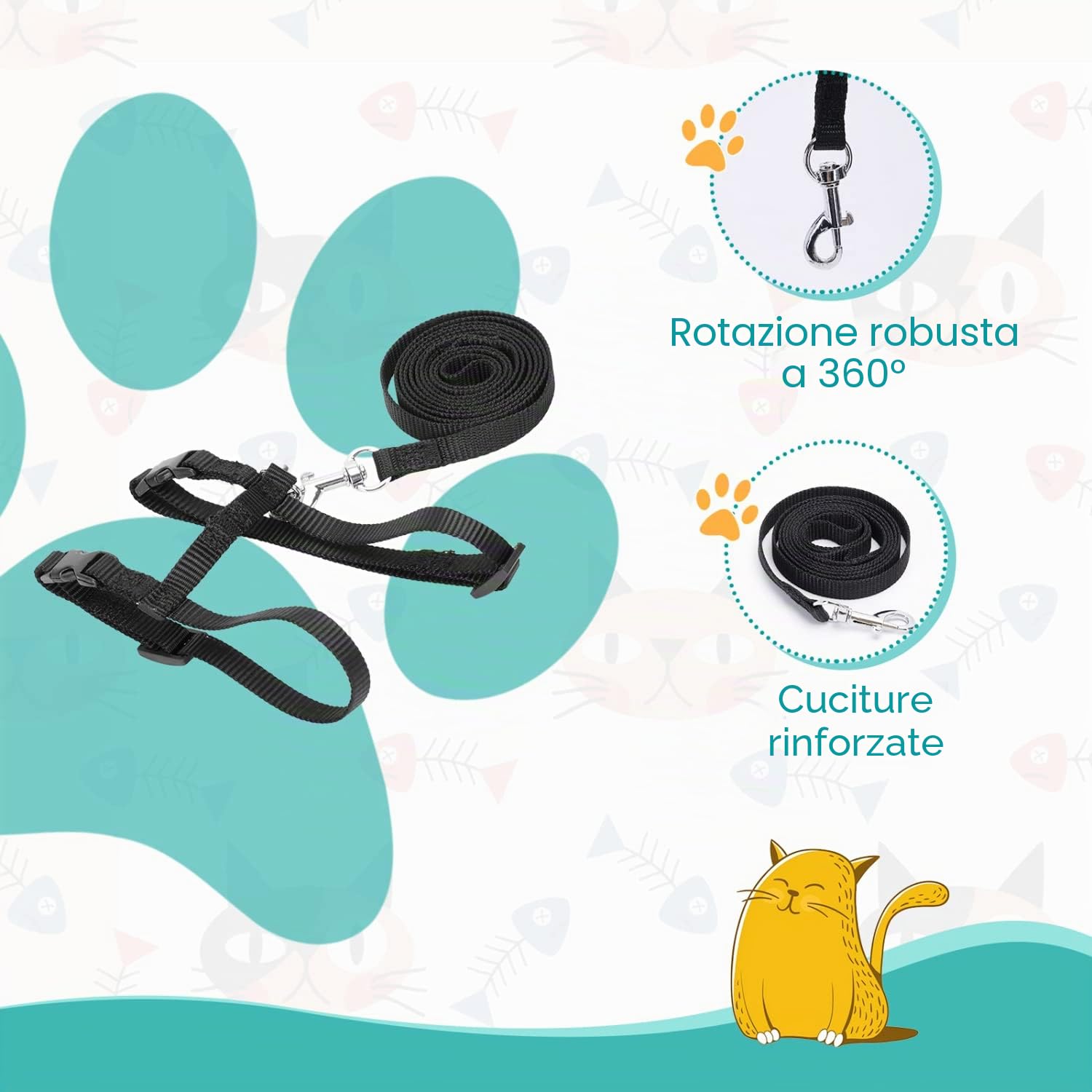 Nobleza Pettorina per Gatti con Guinzaglio Integrato, Imbracatura Regolabile per Gatti Piccoli e Cuccioli, Nero, Size W1.0*L120cm