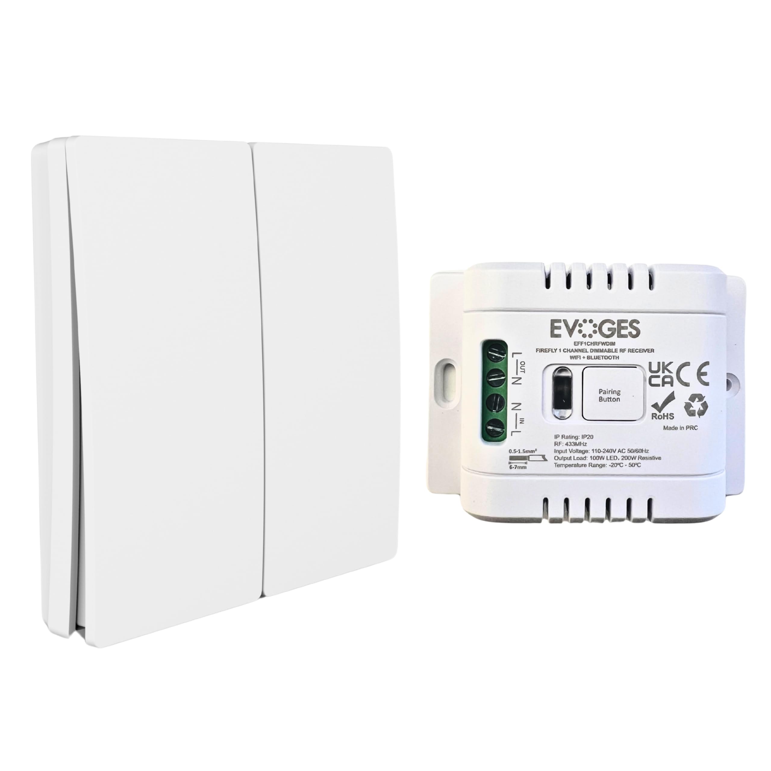 Evoges Firefly RF Kinetic Switch & Smart Receiver Kit (Smart Wifi + Bluetooth 100W Dimmable RF Receiver + 2 Gang Wireless Battery Free Switch, White) — image 1