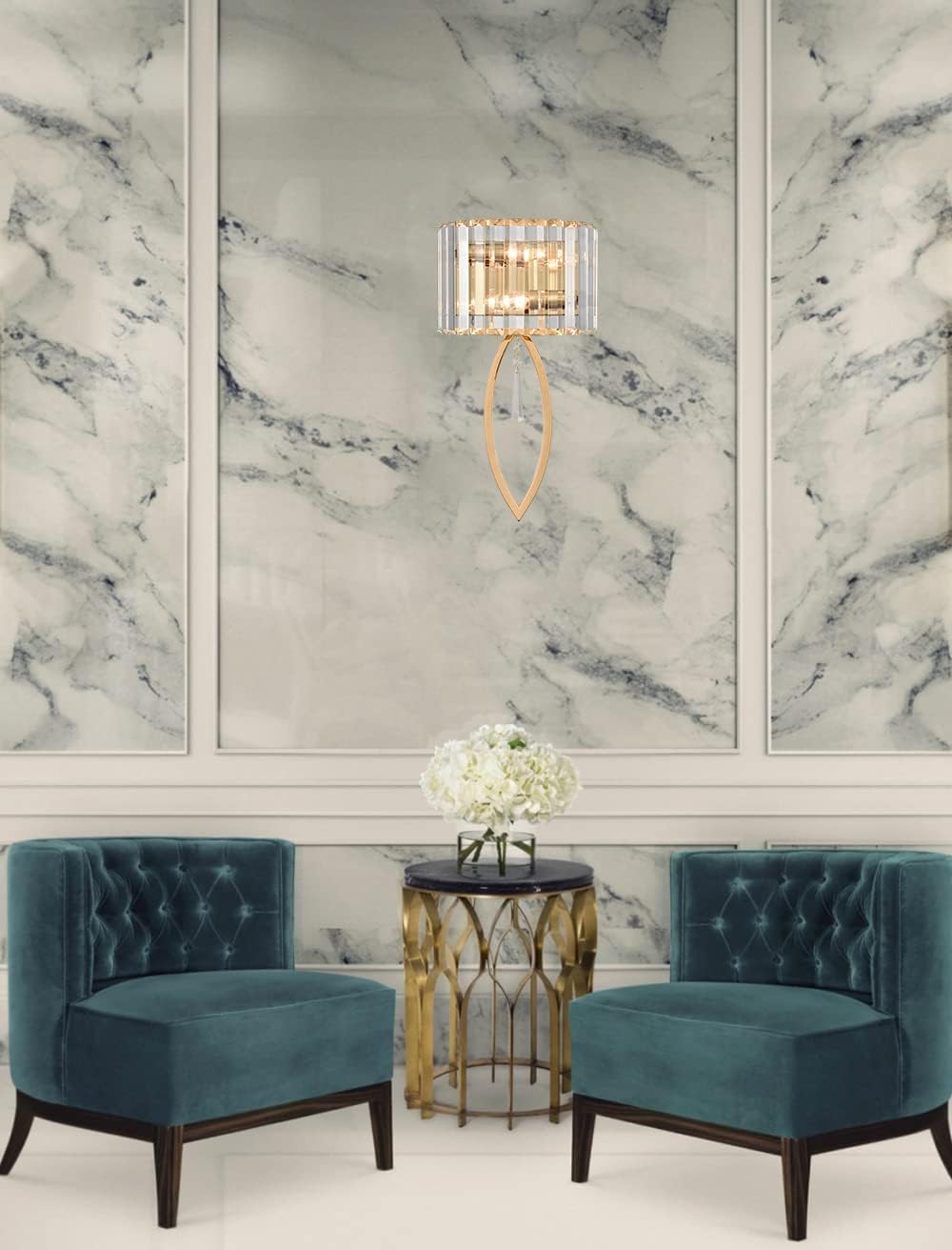 CLAXY Mid Century Wall Sconces, 2-Light Elegant Crystal Gold Wall Light for Bathroom Bedroom Hallway