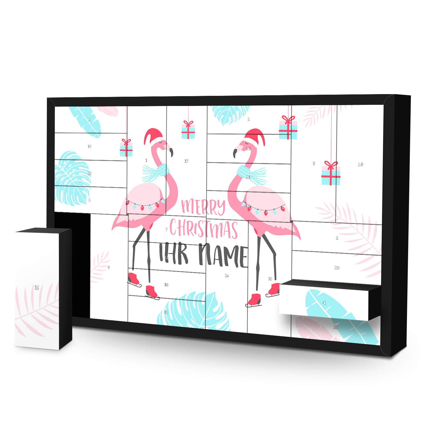printplanet - Adventskalender mit 24 Schachteln zum selbst befüllen - mit eigenem Namen personalisiert - Motiv Flamingo individuell Gestalten.
