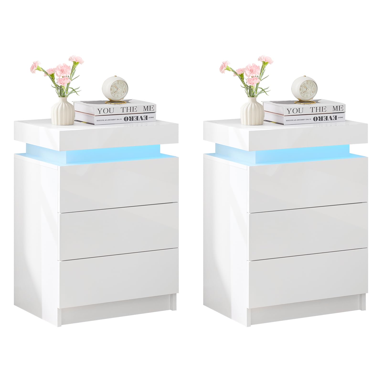 TUKAILAi Set of 2 Bedside Table with 3 Drawers and Top Storage, White High Gloss Front Bedroom Cabinet with LED Light, Nightstand Chest of Drawers for Bedroom Living Room