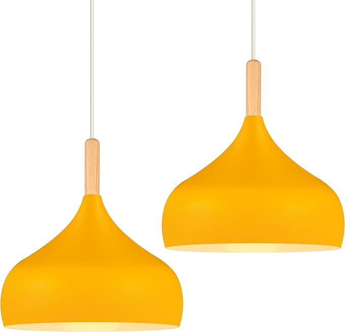 iDEGU iDEGU Retro hanglampen, 24 cm, modern, Scandinavische stijl, plafondlamp, E27, metaal, hout, hanglamp, voor slaapkamer, eetkamer, keuken, woonkamer, 2 stuks (2 stuks, oranje/geel)