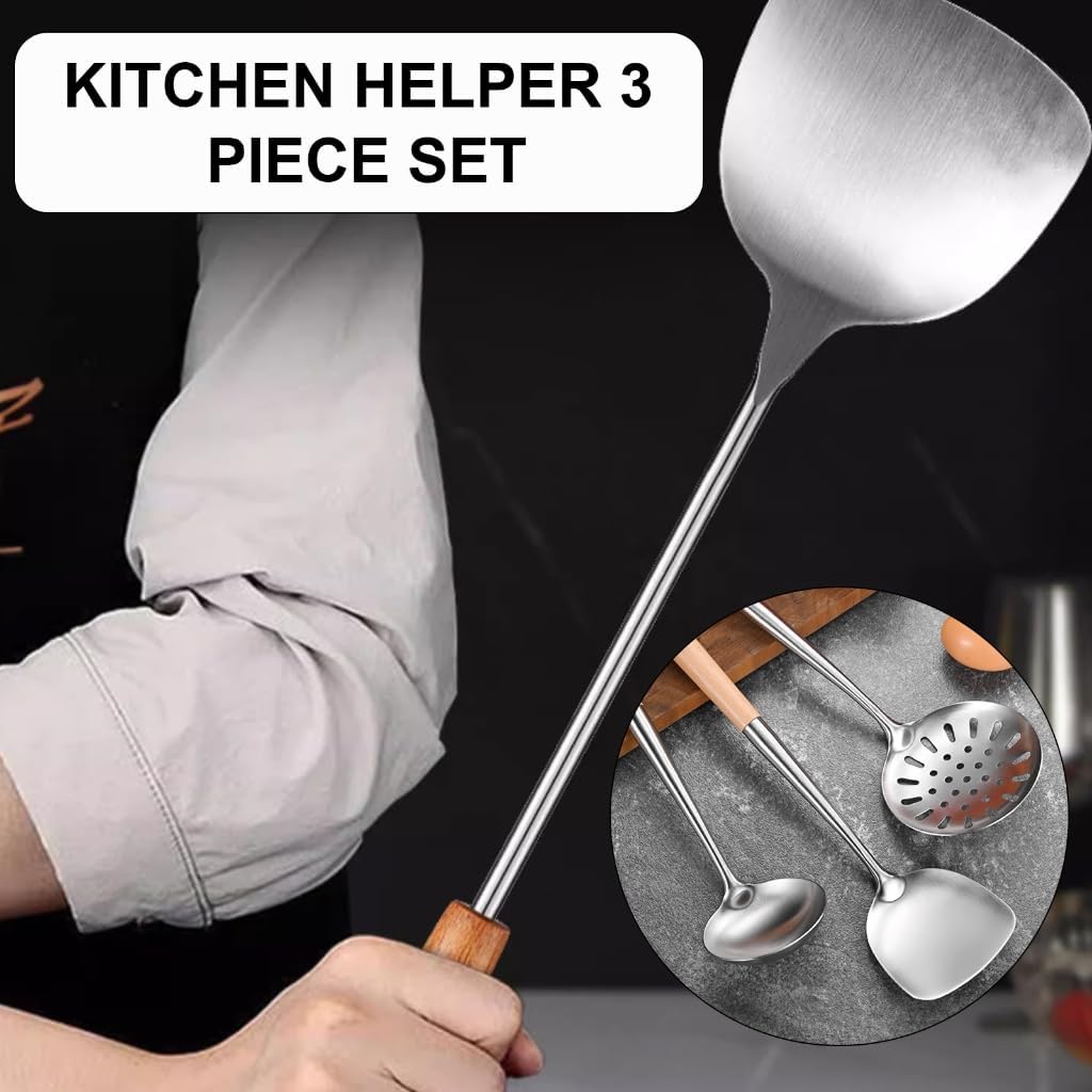 3Pcs Wood Handle Soup Ladle Spoon Colander Wok Spatula Cooking Accessories