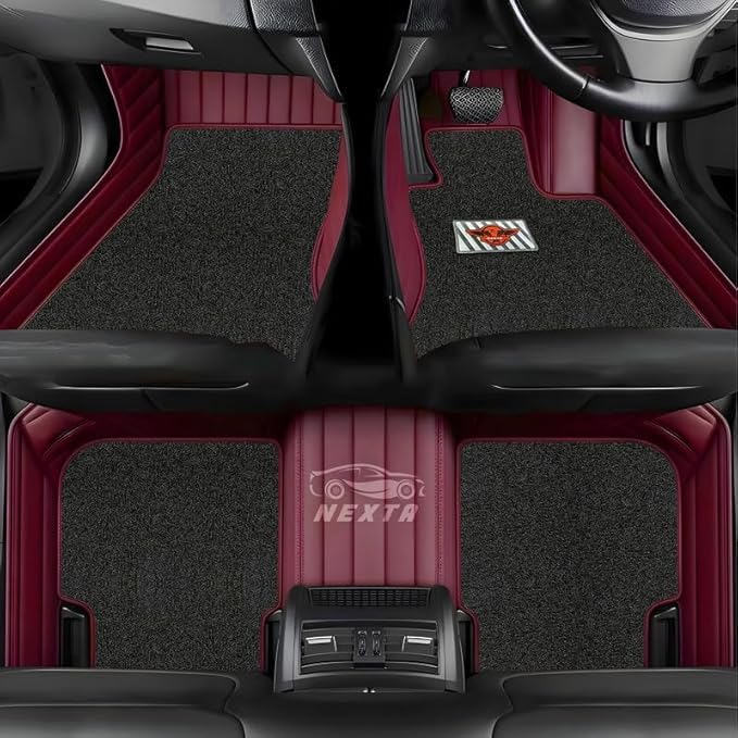 Image of Premium 12D Car Foot Mat for Range Rover Evoque (2017-2021) | Luxury Leather | Double Layered | Waterproof and Washable | Custom Fit | Detachable Grass Mat | Cherry with Black