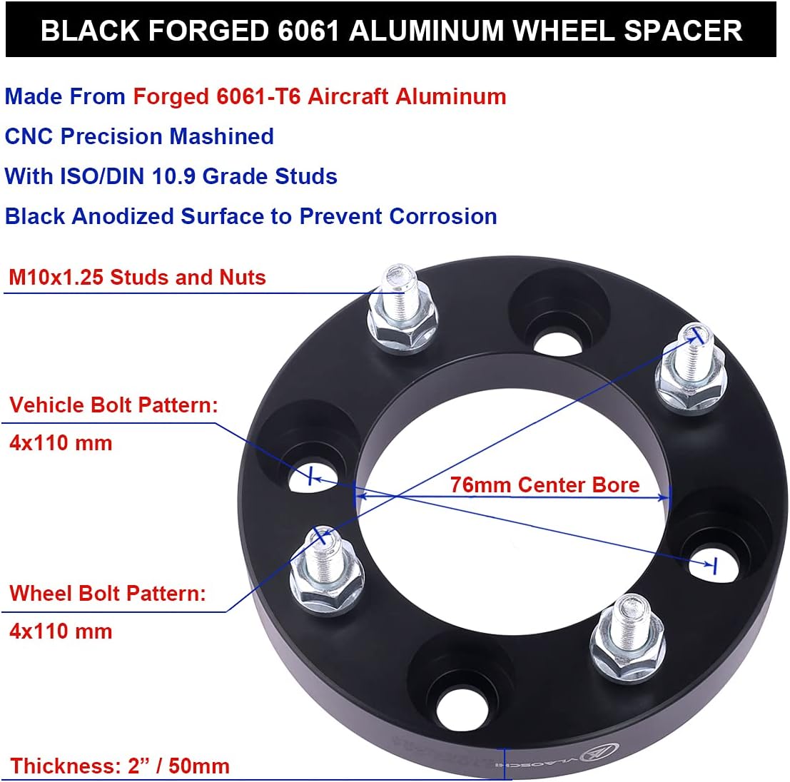 VLAOSCHI Black Forged ATV UTV 4x110 Wheel Spacers 2 Inch with 10x1.25 Studs Compatible with Honda Suzuki-Yamaha-Kawasaki 4 Lug for Foreman Rincon Rancher Kodiak Grizzly King Quad - Pack of 2