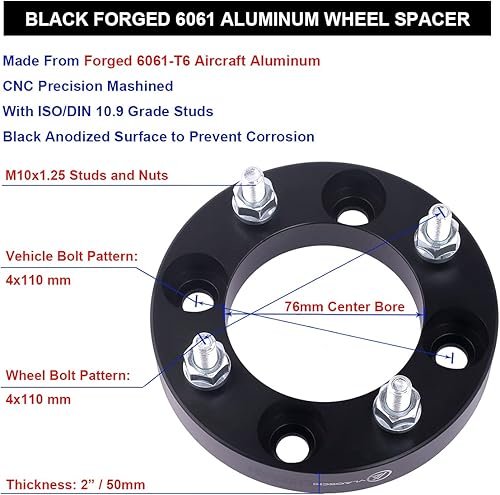 Miniatura 6 de VLAOSCHI Espaciadores de rueda forjados en negro para ATV UTV 4x110 de 2 pulgadas con pernos 10x1.25 compatibles con Honda Suzuki-Yamaha-Kawasaki
