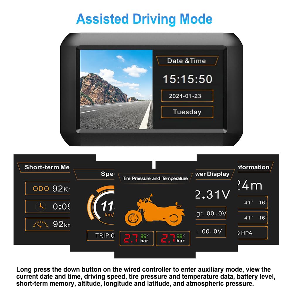 VSYSTO WiFi Motorcycle Dash Camera, Parking Monitoring, Tire Pressure Sensors, GPS, 4'' Screen Motorbike Rear View Camera - Image 3