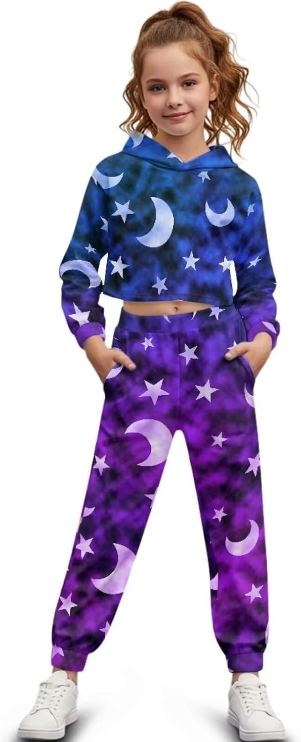 Girls Tracksuit 2 Piece Set,Breathable Polyester Crop Hoodie and Elastic Waist Jogger Sweatpants