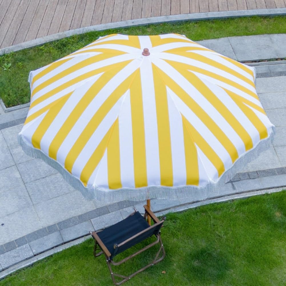Ombrellone da Spiaggia con Frange da 200 cm, Strisce Gialle e Bianche, Inclinabile, per Piscina, Prato, Giardino e Terrazza, UPF 50+