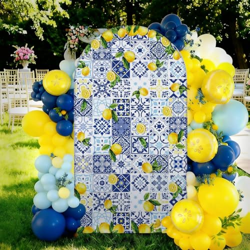 VitalCozy Blue Tiles Lemon Decor 7.2ft Amalfi Coast Lemon Arch Cover Spring Summer Birthday Party Decorations Spandex Fitted Arch Stand Covers Round Top Blue Yellow Decor for Wedding Bridal Shower by VitalCozy - Used condition - US$25.84