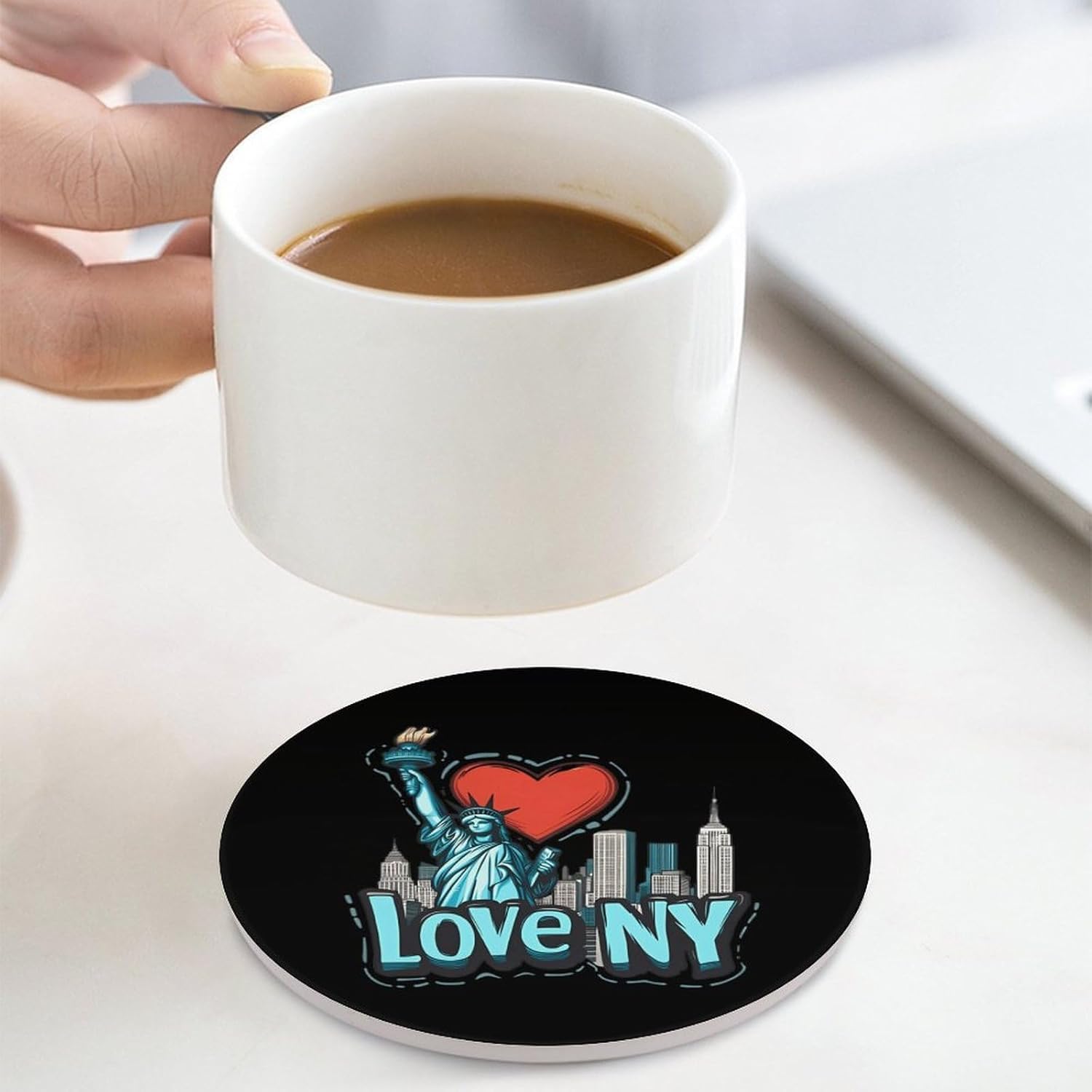 I Love New York Round Ceramic Coasters Print Drinks Absorbent with Cork Base for Home Decor Gifts 4 Inch