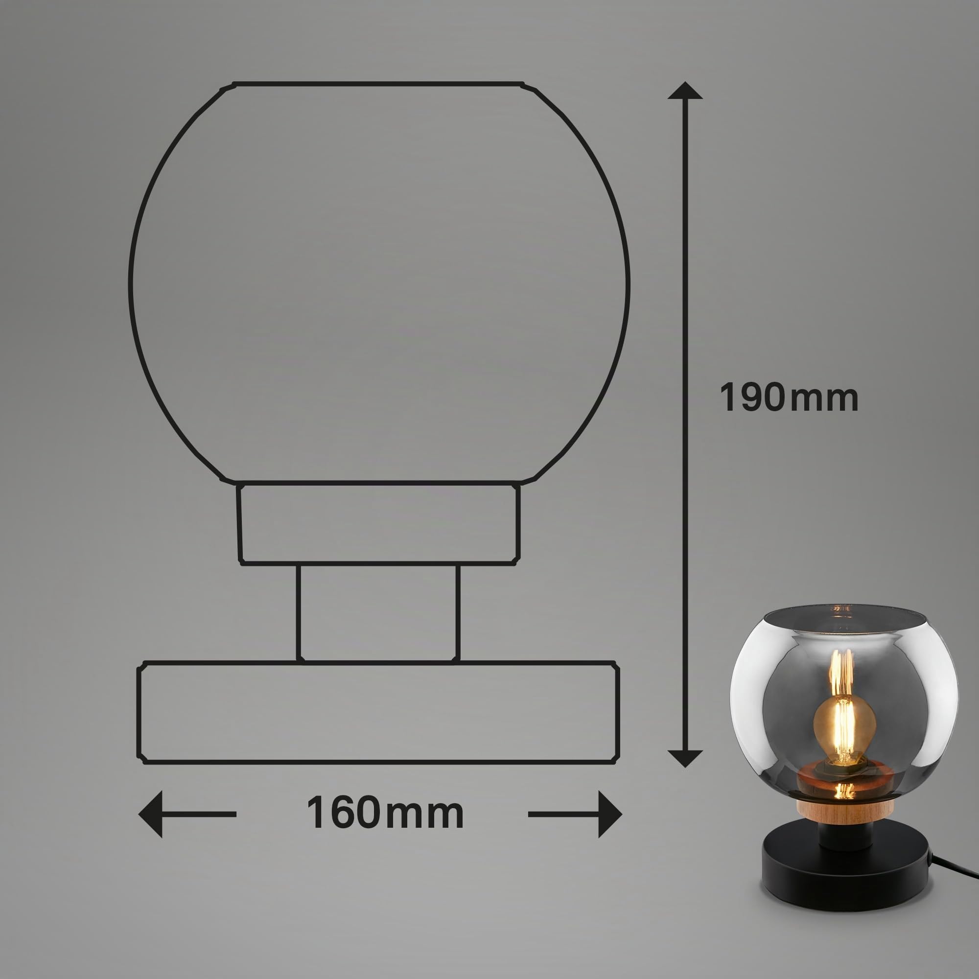 BRILONER - Lampada da comodino, vetro fumé, lampada da scrivania con interruttore a cavo, lampada da tavolo E14 per home office, lampada da lettura, legno nero