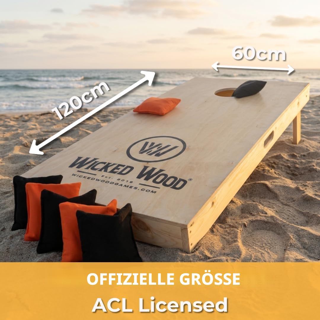 Cornhole Set – 120 x 60 cm - Sackloch Spiel – Wicked Wood – offiziell ACL-lizensiertes Set of Boards – 2 x 4 Cornhole säckchen 450gr - Cornhole Spiel Outdoor