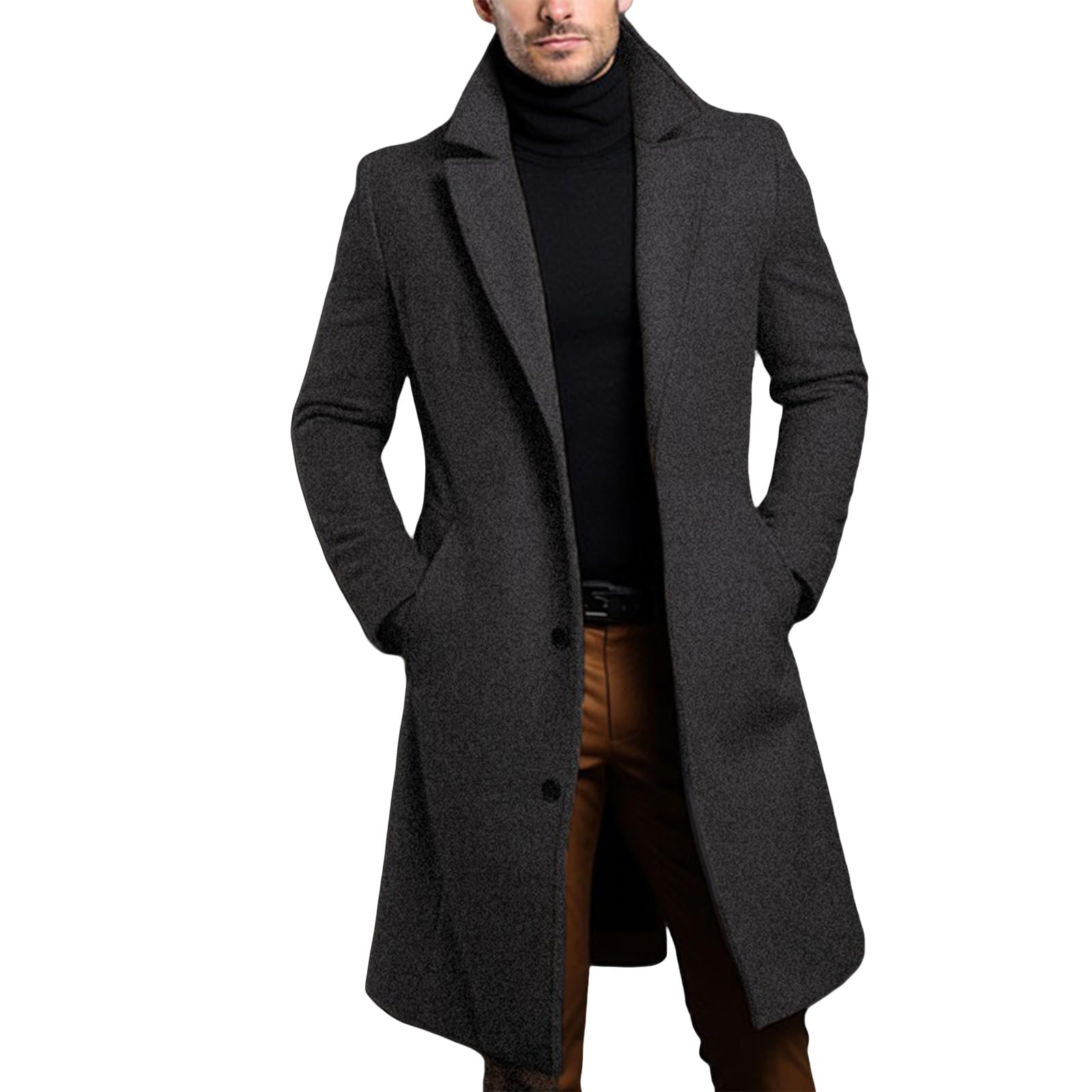 Generisch Trenchcoat Herren Lang Wolle Mantel Slim Fit Zweireihig Wintermantel Revers Herrenmantel Business Baumwolle Mantel Wollmantel