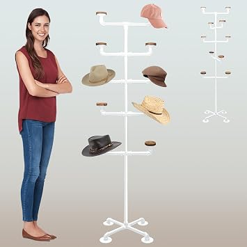 Montex Hat Rack Stand, Metal Hat Display Rack, Standing Hat Rack with 10 Hooks, Pipework Hat Stands for Hanging Hats and Wigs, White