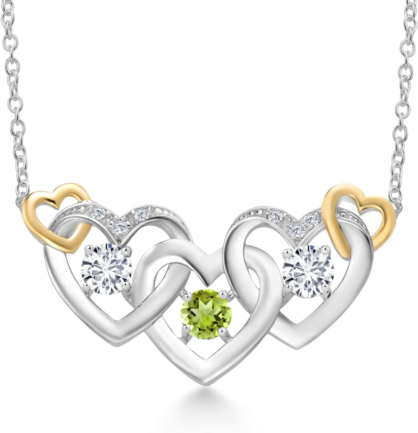 Gem Stone King 925 Silver and 10K Yellow Gold Green Peridot and White Lab Grown Diamond Heart Shape Pendant Necklace For Women (0.90 Cttw, with 18 Inch Chain)