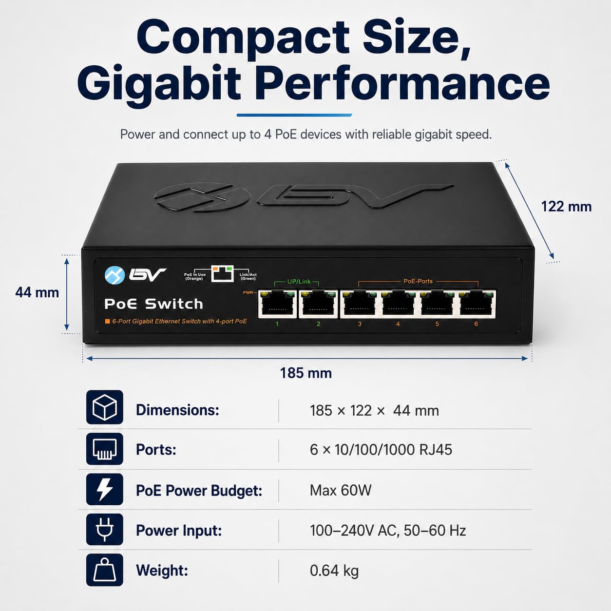 BV -Tech Commutateur Gigabit PoE+ 6 ports (4 ports PoE+ Gigabit avec 2 Gigabit Uplink et Fonction Extension) – 60 W – 802.3at + 1 port PoE haute puissance | Conception sans ventilateur de bureau |