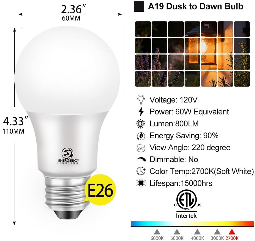 Energetic 4-Pack Dusk to Dawn LED Outdoor Light Bulb, 60 Watt Equivalent(6W), 800LM, Soft White 2700K, E26 Base, Automatic On/Off Sensor Light Bulb for Porch, Hallway, Garage, ETL Listed