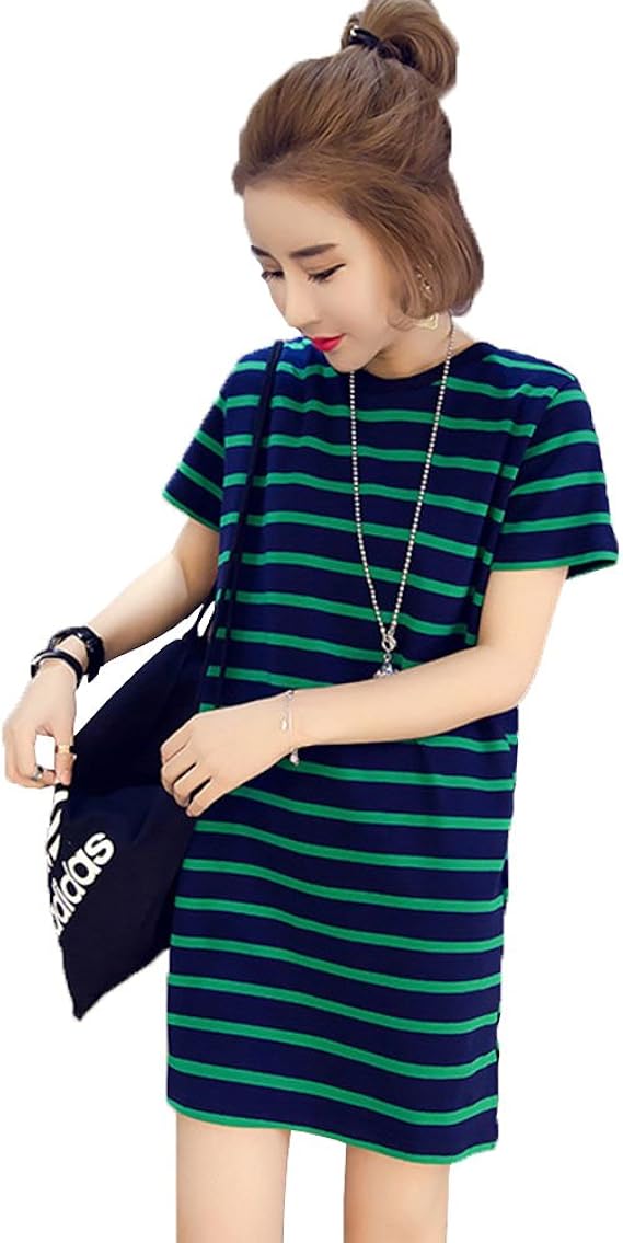 Amazon Co Jp ストライプのドレスの女性の夏18新しい韓国の緩いロングtシャツワンピースは薄いストレートカジュアルな学生でした ファッション