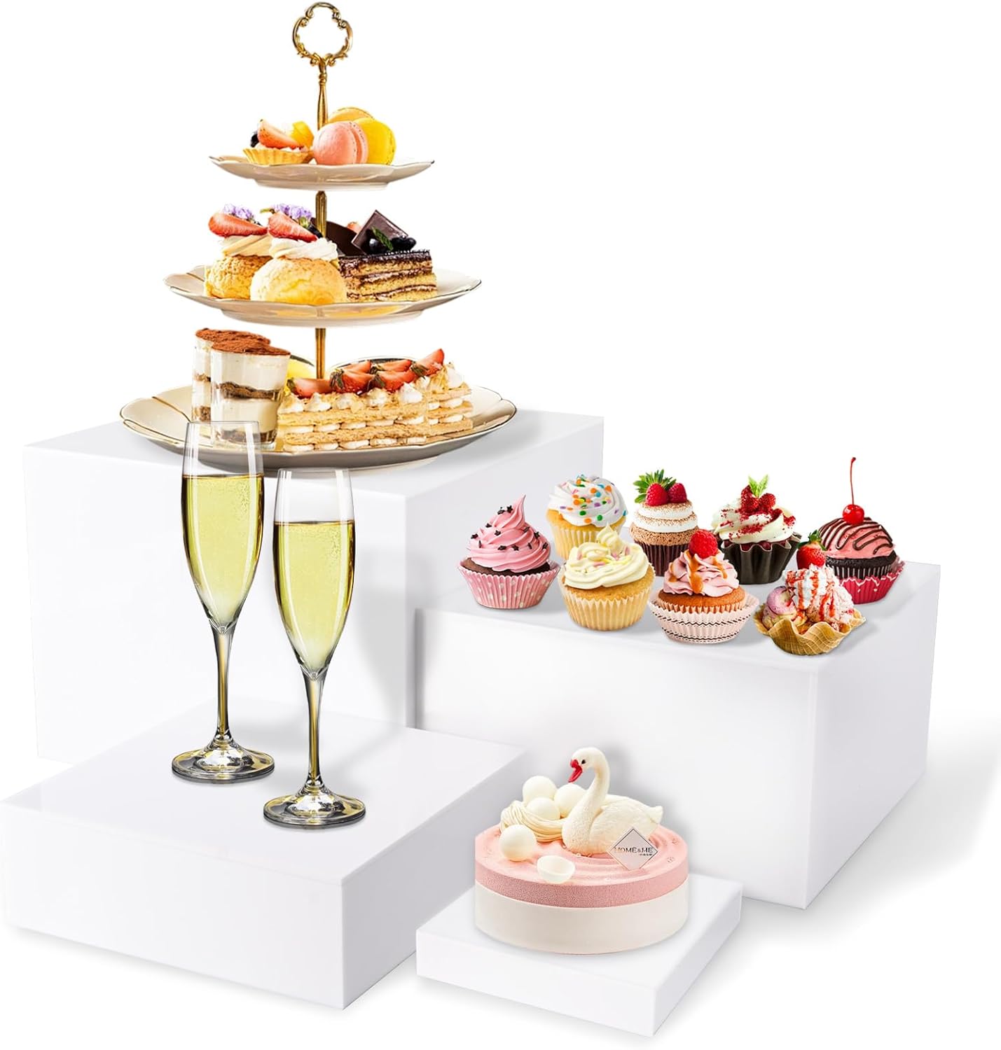 Buffet Risers White Food Risers for Buffet Table, Acrylic Food Display Stand Shelf for Catering Dessert Party Decor, Square Cube Display Base with Hollow Bottoms, 4 PCS 5" 6" 7" 8"