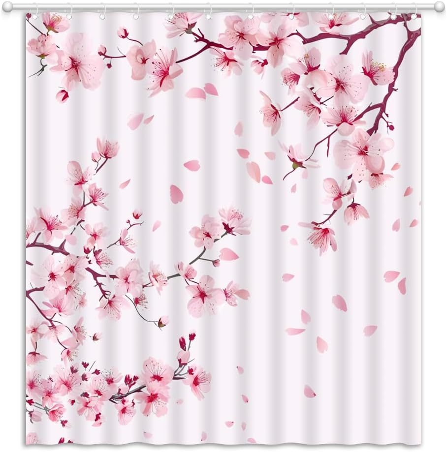 Cherry Blossom Shower Curtain Japanese Asian Aesthetic Watercolor Floral Plum Branch Spring Fabric Bathroom Curtain with Hooks, 70Wx84H