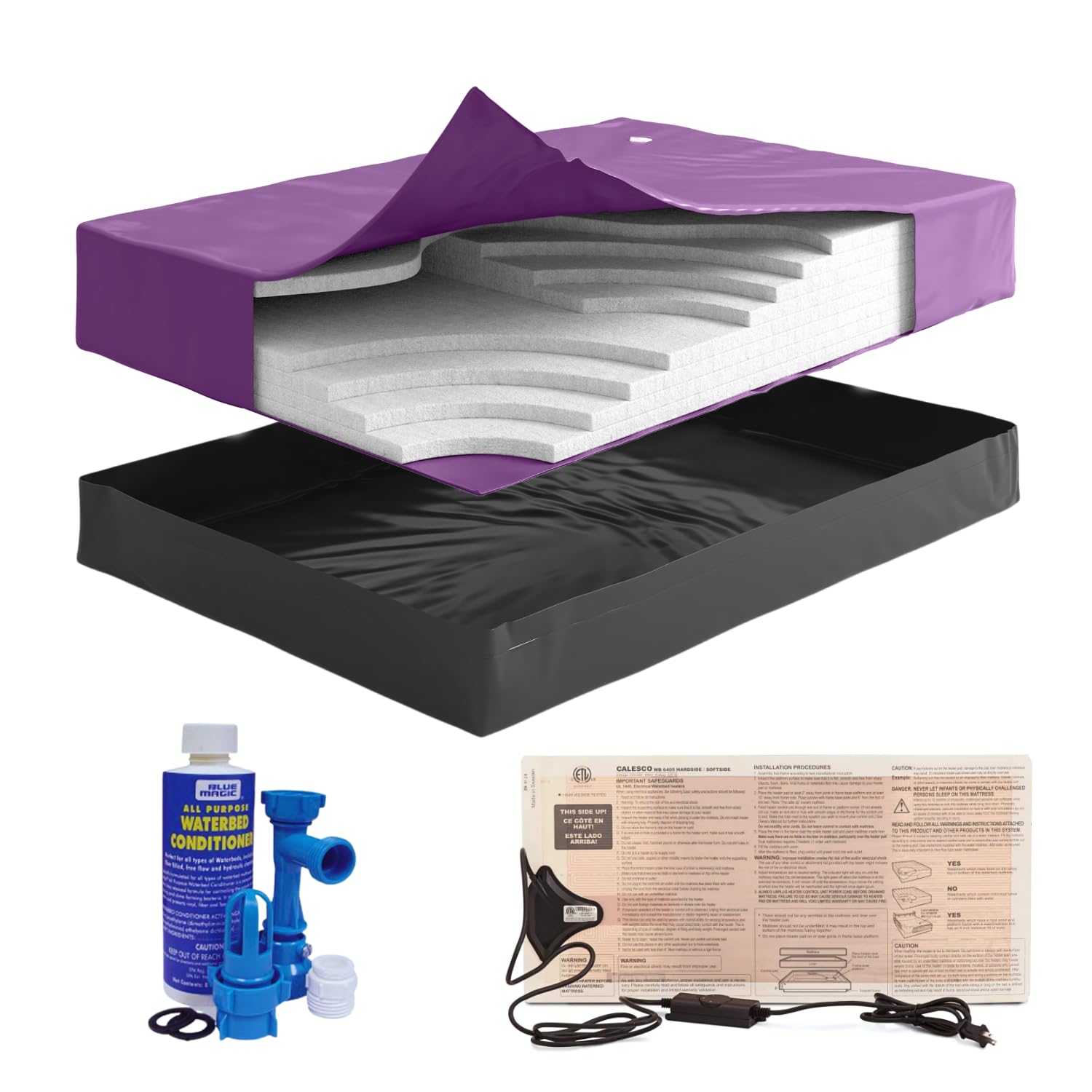 Blue Magic Queen Size 99% Waveless Hardside Waterbed Mattress Bundle with Eight Wave Reducing Fiber Layers, 325W Heater, Liner, Fill/Drain Kit & Conditioner - Frame Not Included