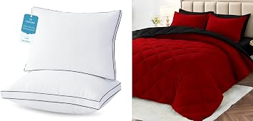 MUXHOMO 7 Pieces Queen Comforter Set, Reversible Bed in a Bag Queen Size & Bed Pillows King Size Set of 2, Hotel Collection Sleeping Pillows 2 Pack for Side and Back Sleepers