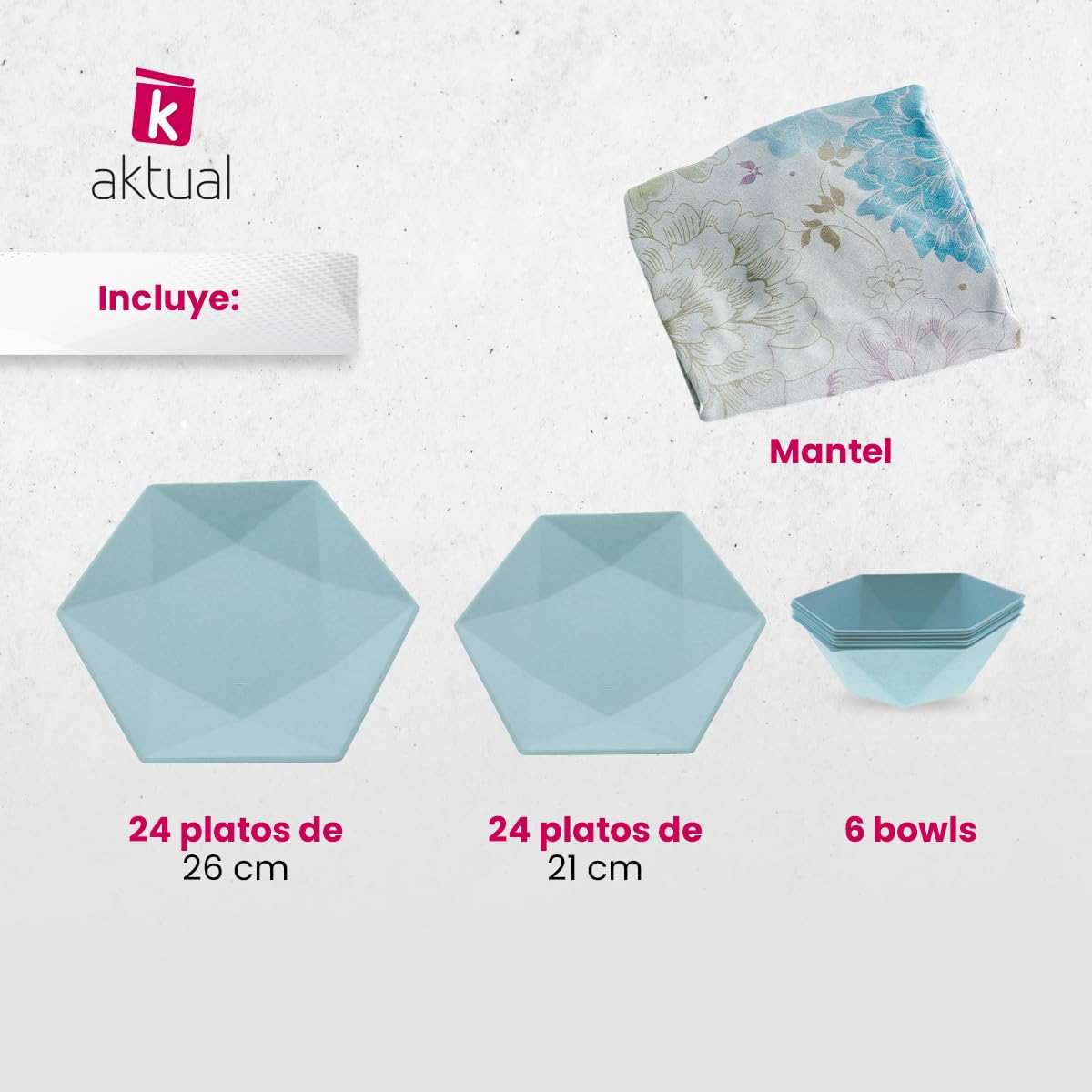 Platos Desechables - Kit de fiestas - 24 platos hexagonales de 26 cm, 24 hexagonales de de 21 cm, 6 bowls y un mantel - Fabricado con Caña de Azúcar - Color: Azul - Aktual