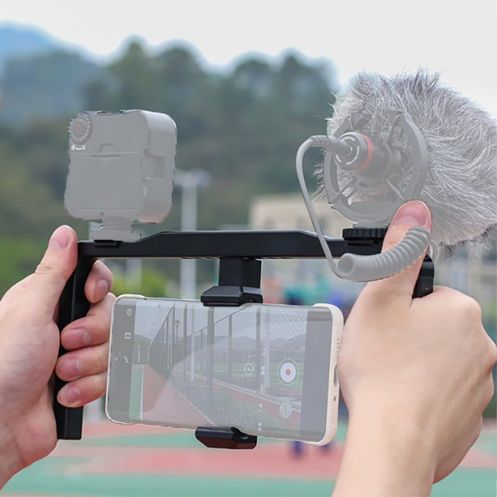 BGNing Universal Smartphone Cage Video Rig with Dual Handles Cold Shoe Mount Adapter Compatible with LED Light,Microphone (Black)