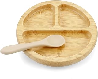PandaEar Bamboo Suction Plate, Wooden Baby Plates with Silicone Spoons for Toddlers & Kids, Divided Non-Slip Wooden Plate Feeding Supplies