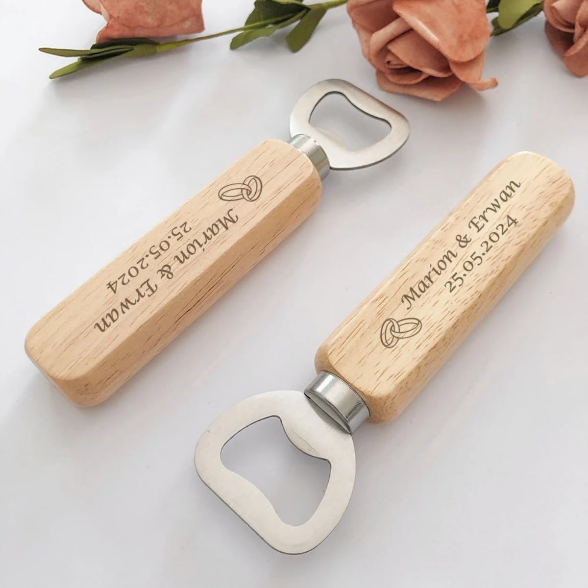 Abrebotellas de madera grabados personalizados, recuerdo de boda, fiesta, abrebotellas de cerveza de madera personalizados (40 unidades)