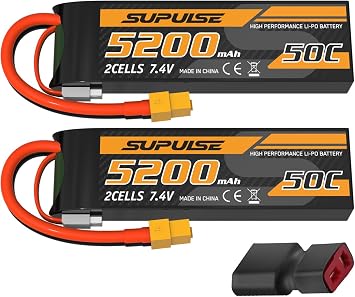 SUPULSE 7.4V Lipo Battery 2S 5200mAh 50C RC Battery with XT60 Plug for RC Airplane RC Boat RC Truck 2 Packs