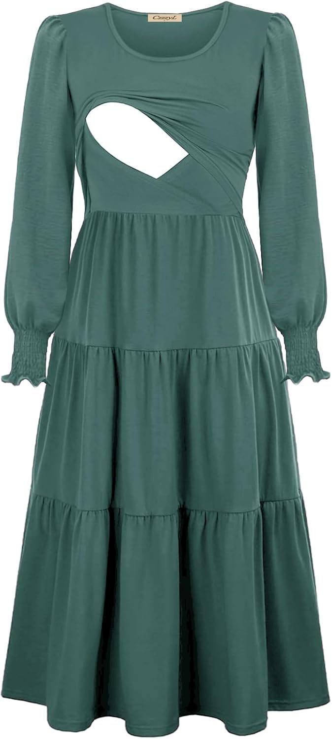 Womens Flutter Long Sleeve Smocked Tiered Nursing Dress for Breastfeeding with Pockets - Image 3