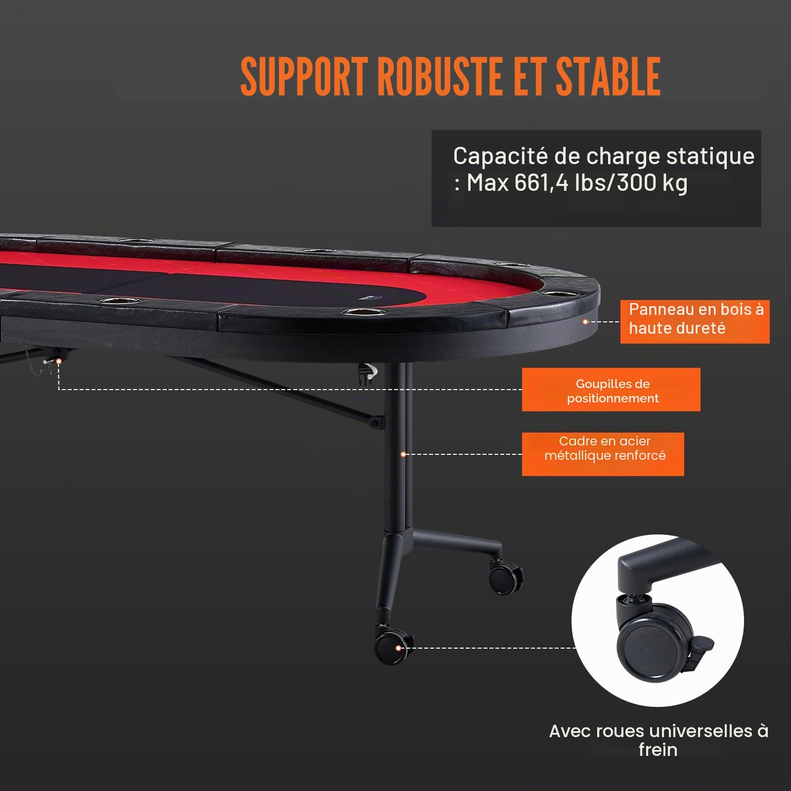 VEVOR Table de Poker Pliable 229 cm pour 10 Joueurs Table de Casino Blackjack Texas Holdem avec Rails Rembourrés et Porte-Gobelets en Acier Inoxydable Table de Jeu de Cartes Jeu de Société Maison