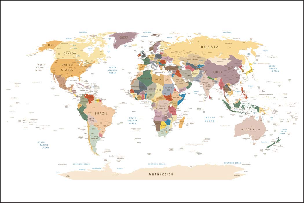 Muralo fototapeta - mapa świata - 150 x 225 cm, tapeta ścienna z włókniny, mapa, karta geograficzna, do salonu, sypialni, nowoczesne obrazy ścienne XXL, dekoracja ścienna