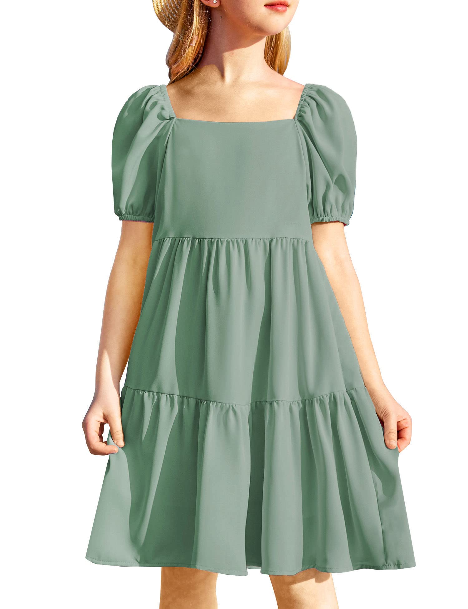 Arshiner Girls Dresses Short Sleeve Ruffle Chiffon Swing Flowy Dress with Square Neck