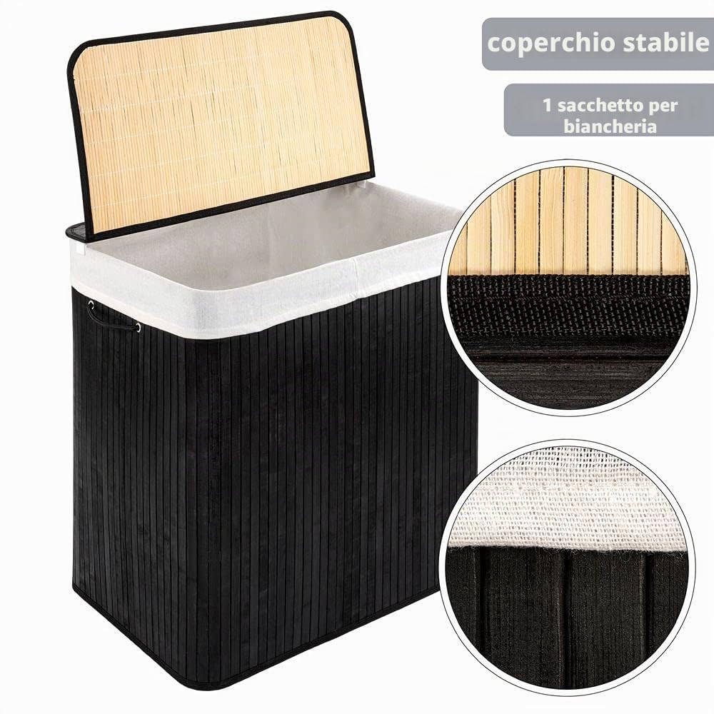 PANA®ECO Cesto biancheria in bambù con coperchio - 72 L, 40x30 x 60 cm - N | Sacco biancheria rimovibile - Cesto pieghevole - Compatto, pratico e robustoo - 100% Bambus - Ampia capacità