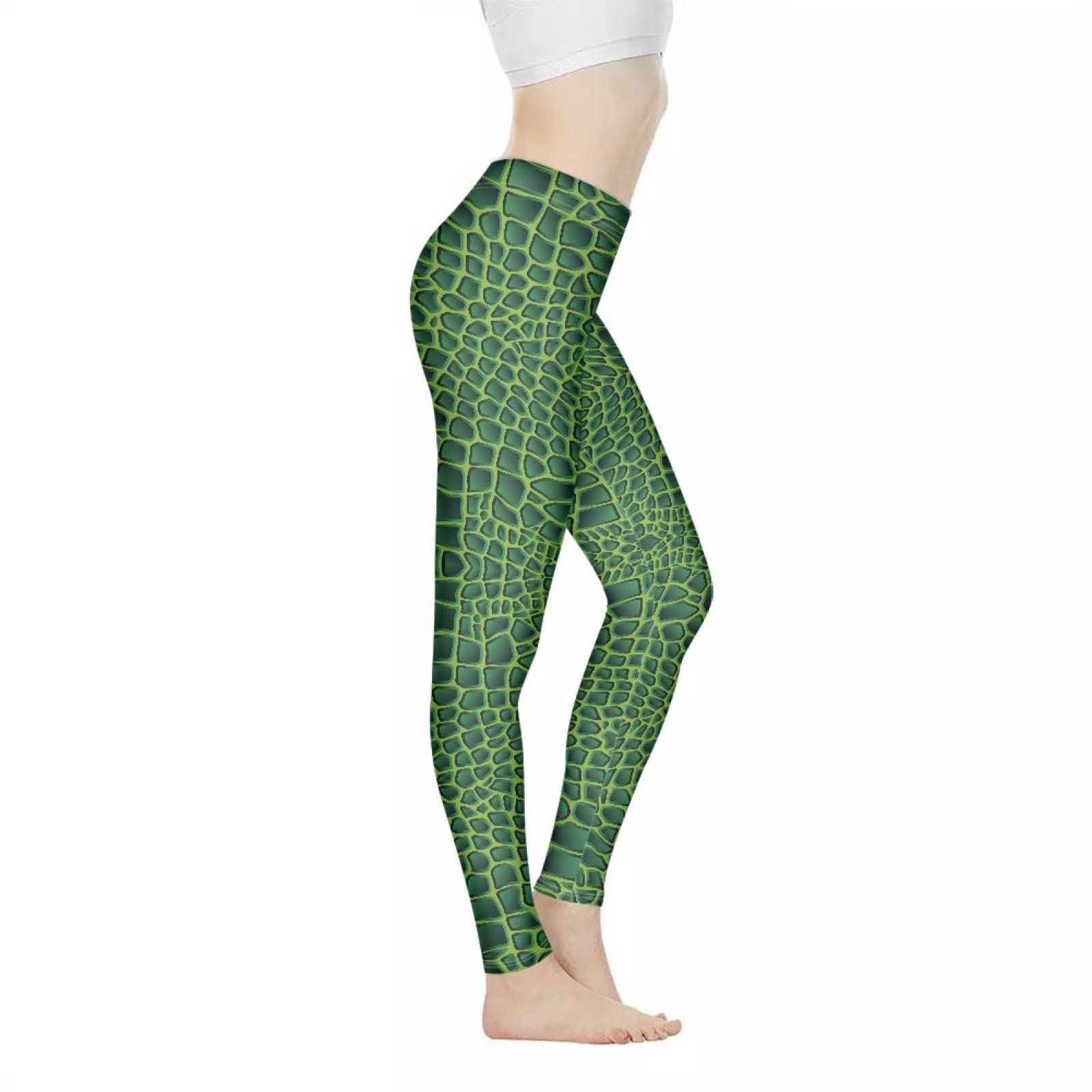 Irisjudy Women's Yoga Running Pants Green Crocodile Skin Printed Compression Leggings Workout Tights XS-3XL