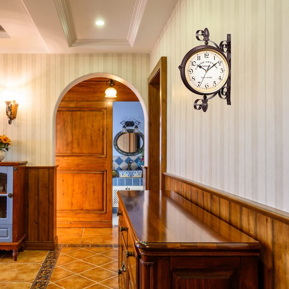 Katutude dwustronny zegar stacyjny zegar ścienny zegar ogrodowy stacja z uchwytem w stylu vintage, retro wodoodporny zegar ścienny do ogrodu, dekoracyjny zegar ścienny do wewnątrz i na zewnątrz