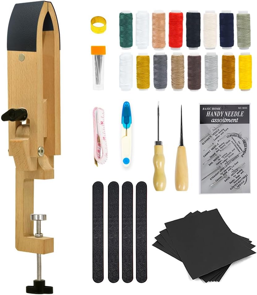 Stitch Pony,FASTTOBUY Beech Wood Foldable Leather Stitching Sewing Pony Table Desktop Horse Clamp Horse Clamp with 56 PCS Sewing Kit for DIY Hand Stitching Leather Clamping