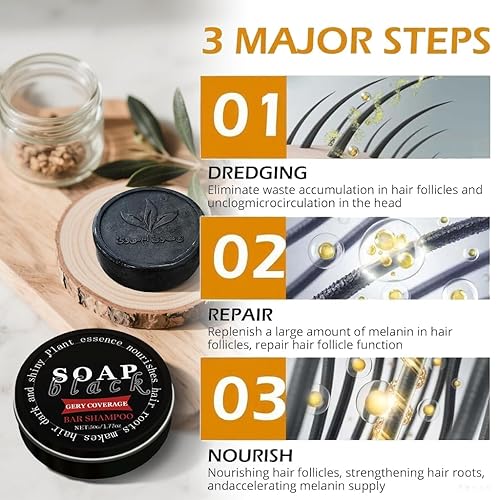 Miniatura 4 de Barra de champú reversible para cabello gris, jabón negro para limpiar profundamente el cuero cabelludo, color gris para champú y jabón unisex para