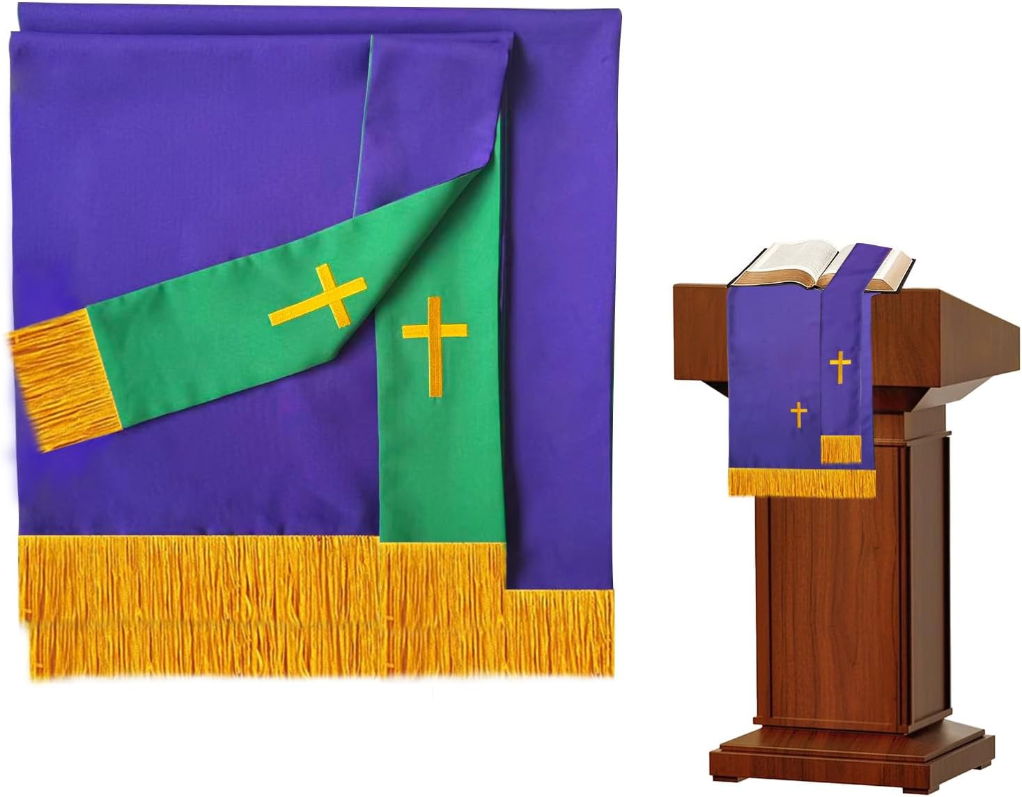 Set of 3 Reversible Parament Set, Evenly Sewn Pulpit Scarf Bible Bookmark Communion Table Runner for Church, Communion Table Cloths for Church Easter Pentecost Worship