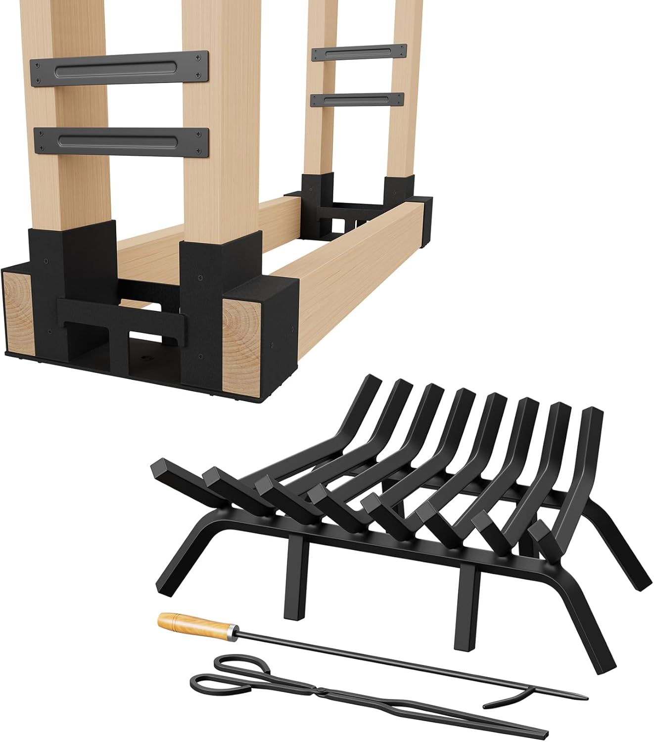 Jusgym Fireplace Grate 24 Inch and 2 Pack Firewood Rack Outdoor Indoor