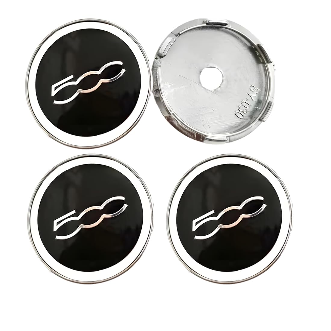 4x Radnabendeckel Für Fiat 500 - 60mm Schwarz Mit Silberrand