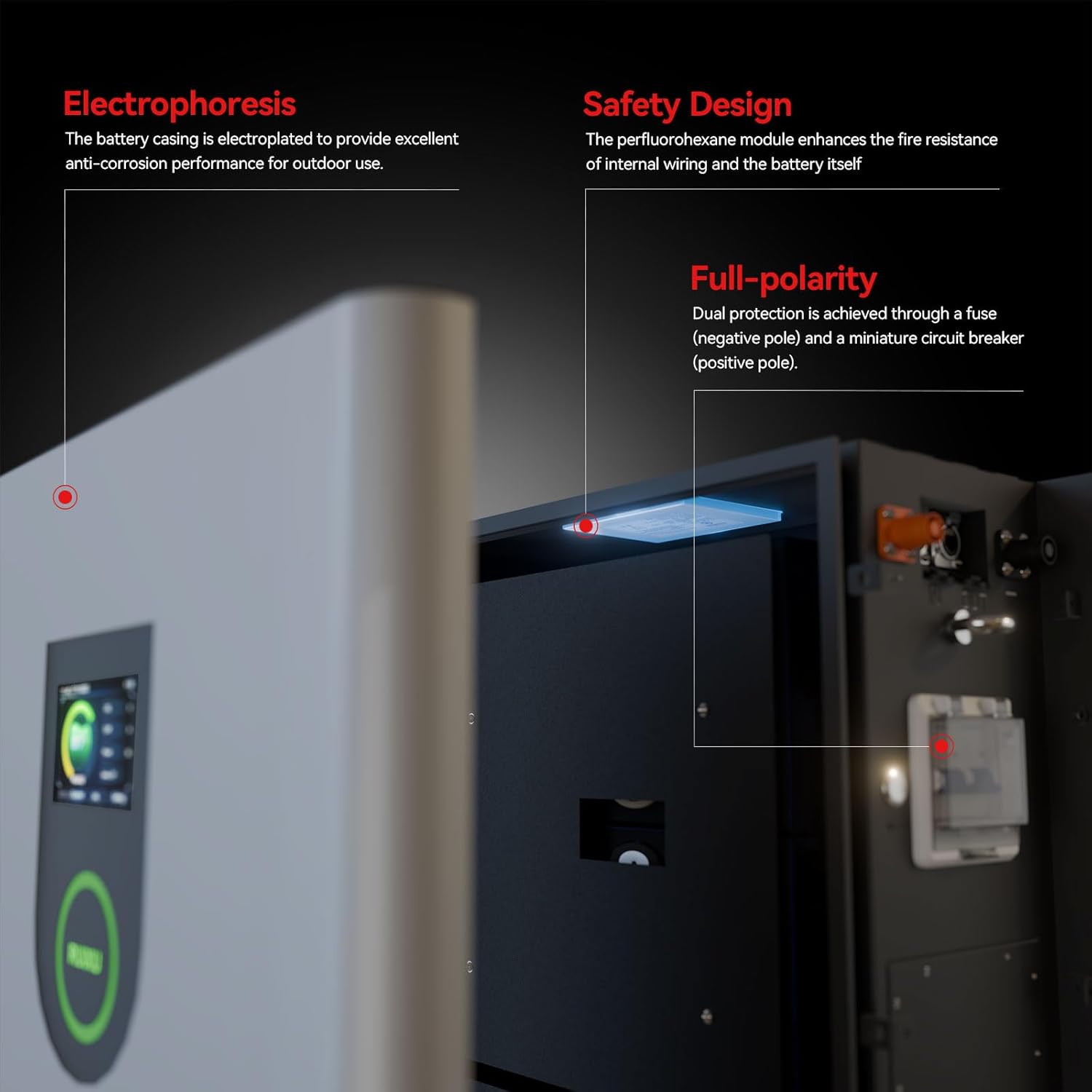 תקריב view of the RUIXU Lithi2-16 battery's electro-coated casing and internal safety features.