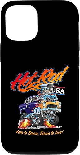 Funda de dibujos animados para iPhone 13 Pro Hotrod USA diseño clásico retro Muscle Car Dragster
