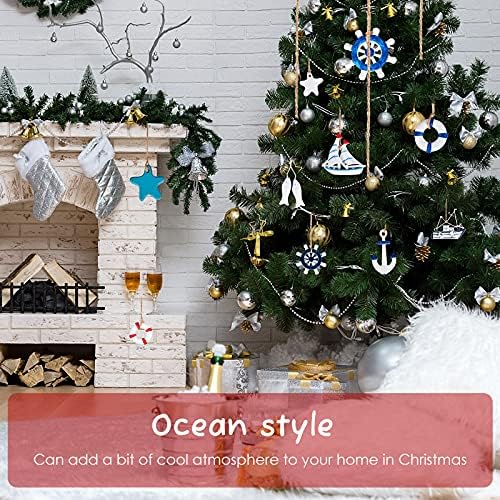 22 Pieces Wooden Nautical Hanging Nautical Christmas Ornaments Beach Decorations for Home Anchor Life Ring Sea Star Sailboat Beach for Coastal Christmas Tree Home Decor Craft
