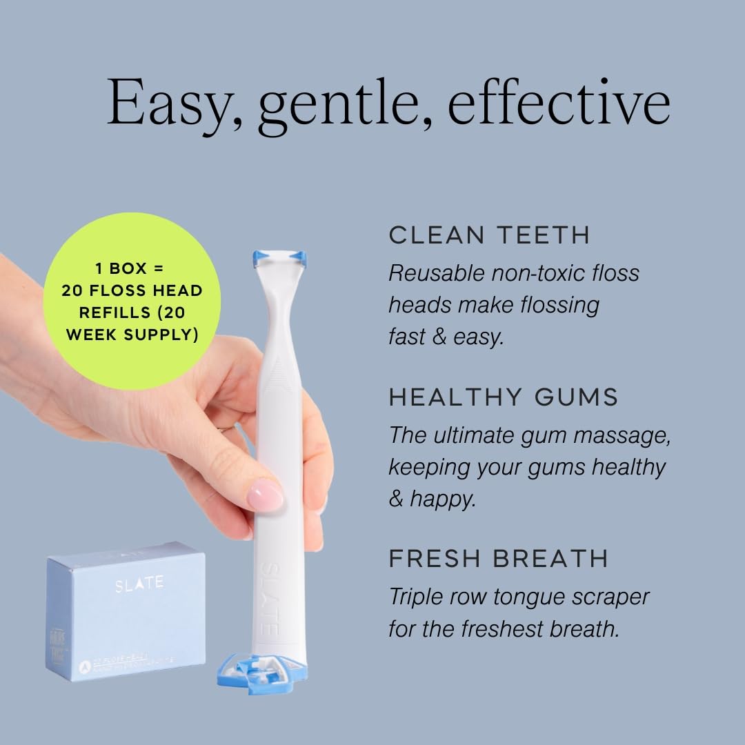 Slate Recambios de hilo dental – Hilo dental tejido reutilizable, sin PFAS, hilo dental no tóxico | Se adapta a hilo dental eléctrico SLATE con raspador de lengua y barridos de encías | Paquete de 20