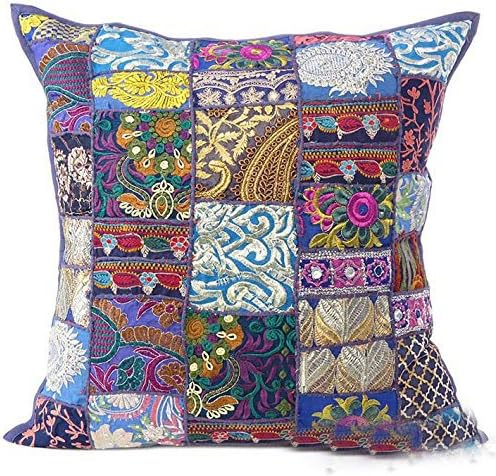 Sophia-Art Indian Decorative Cushion Cover Cotton Patchwork Embroidered Sequin Beads Ethnic Flowers Leaves Geometric Square Scatter Floor Pillow Case Fits (Blue (Scatter Square), 24" x 24")