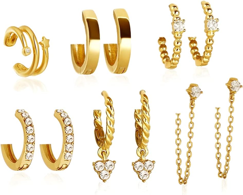 HaHaGirlGold Silver Huggies Hoop Earrings Set for Women Girls Small Tiny Dangle Cubic Zirconia Chain Chunky Hoop Earrings Jewelry for Birthday/Christmas Gifts 6 Pairs